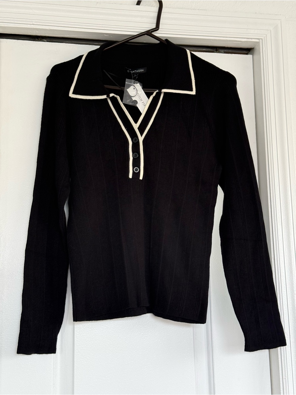 41 Hawthorn Black Long-Sleeve Polo Sweater with Cream Trim
